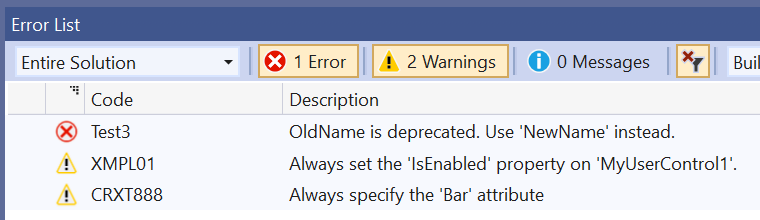 Custom warnings displayed for a custom XAML control