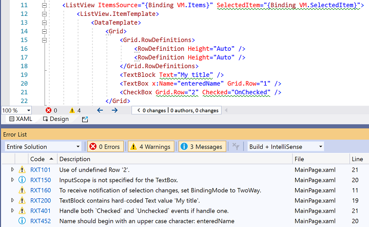 Visual Studio XAML editor showing highlighted issues