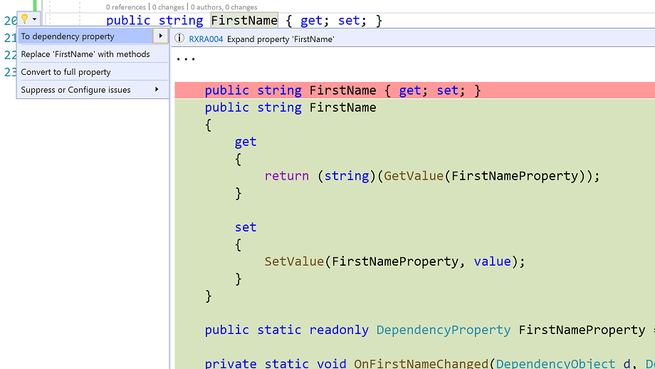 Visual Studio editor showing suggested actions for changing to a dependency property