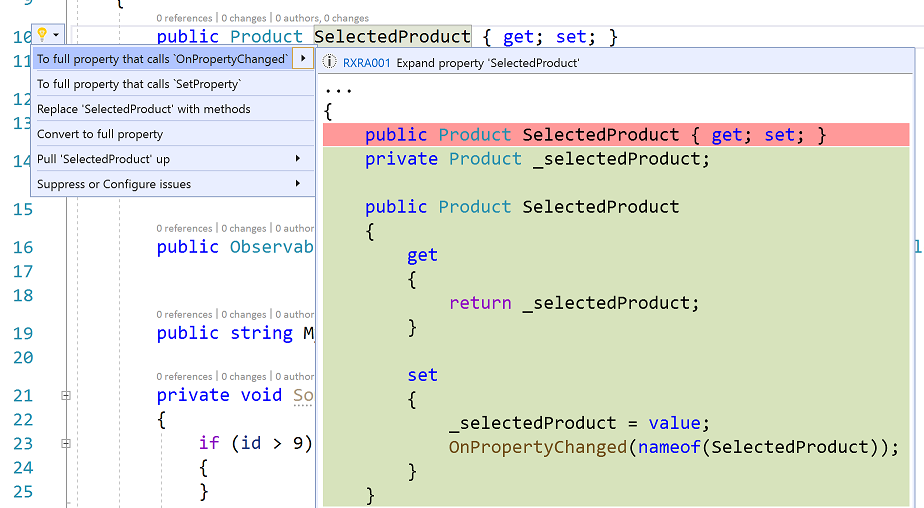 Visual Studio editor showing suggested actions for changing the property definition
